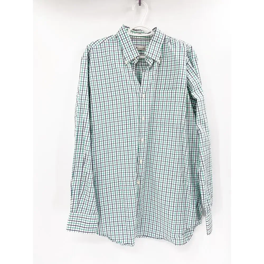 Peter Millar White Green Blue Striped Plaid Cotton Long Sleeve Button Down Shirt
